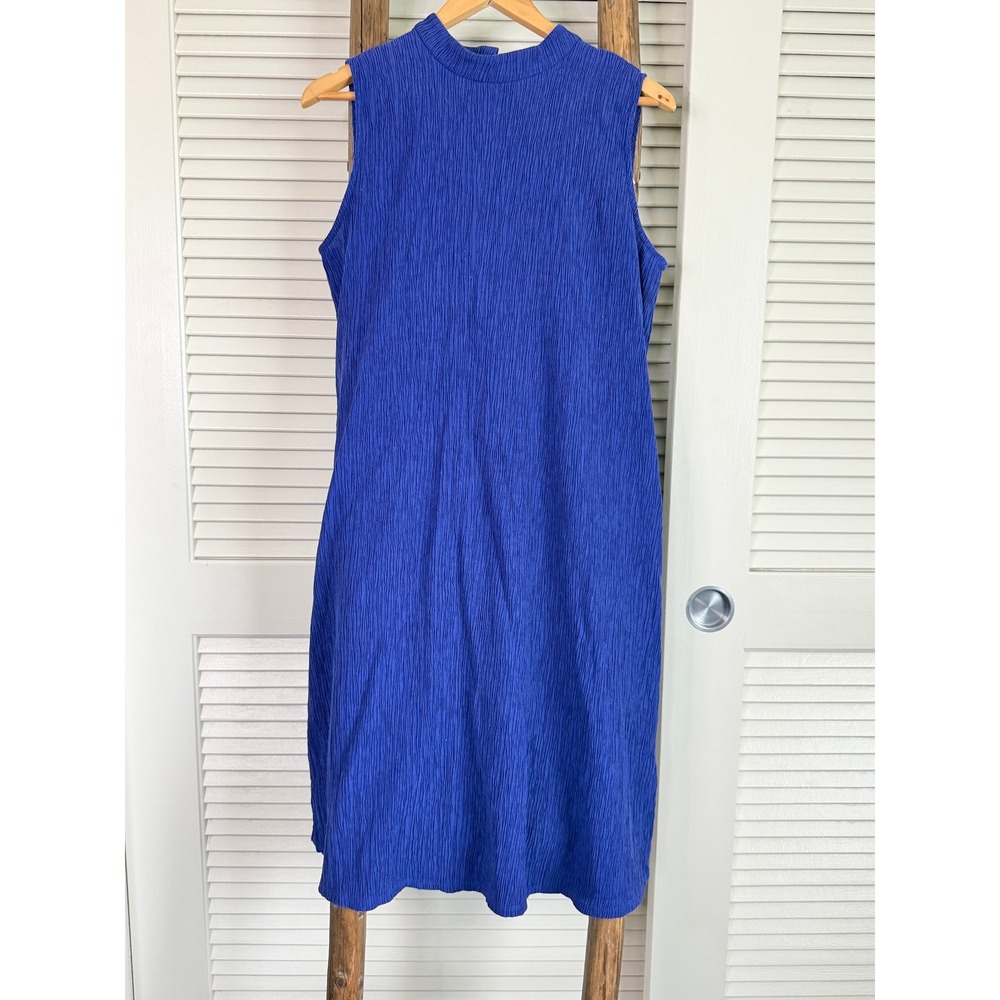 Eileen Fisher Crinkle Shift Dress Womens Medium Blue  Mock Neck Tencel